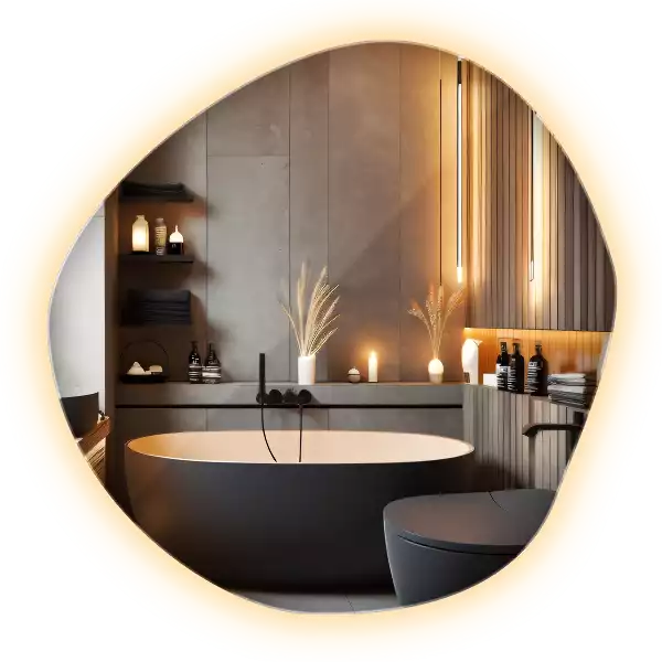 Asymmetrische spiegel met verlichting muur