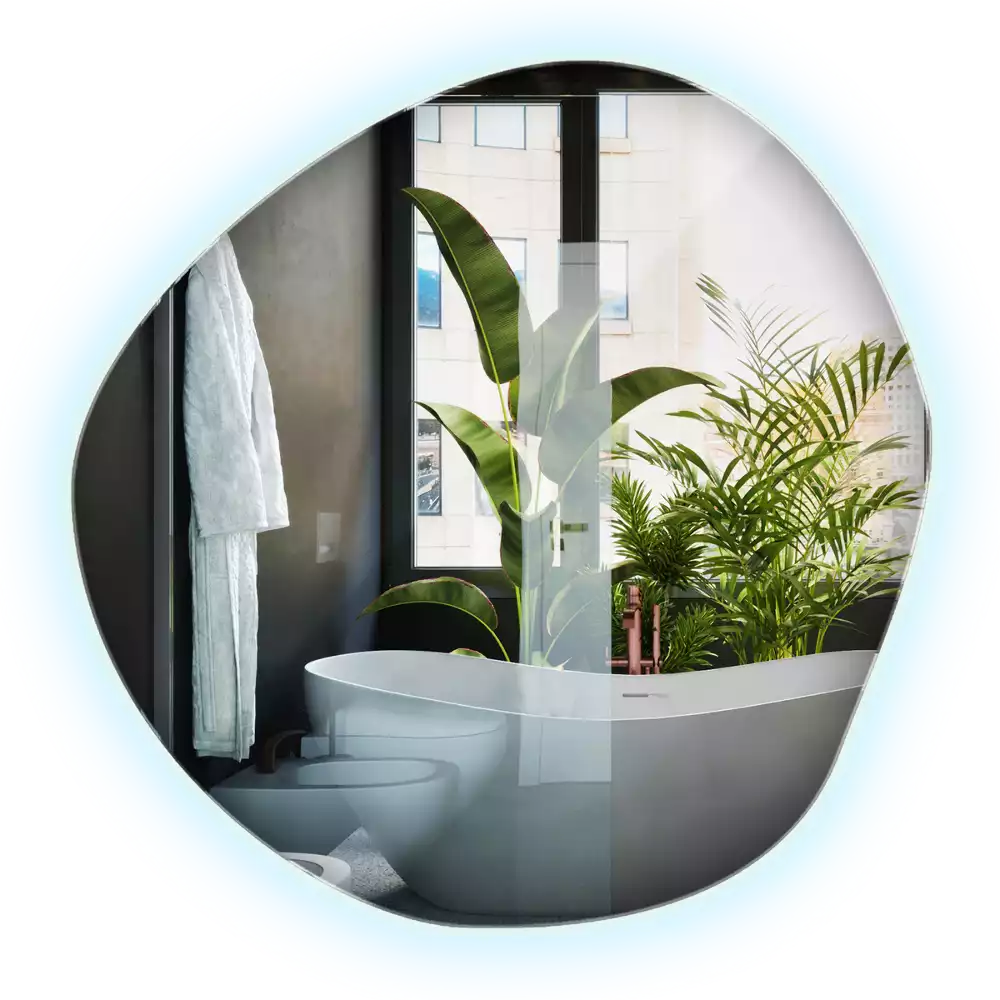 Asymmetrische spiegel met verlichting muur