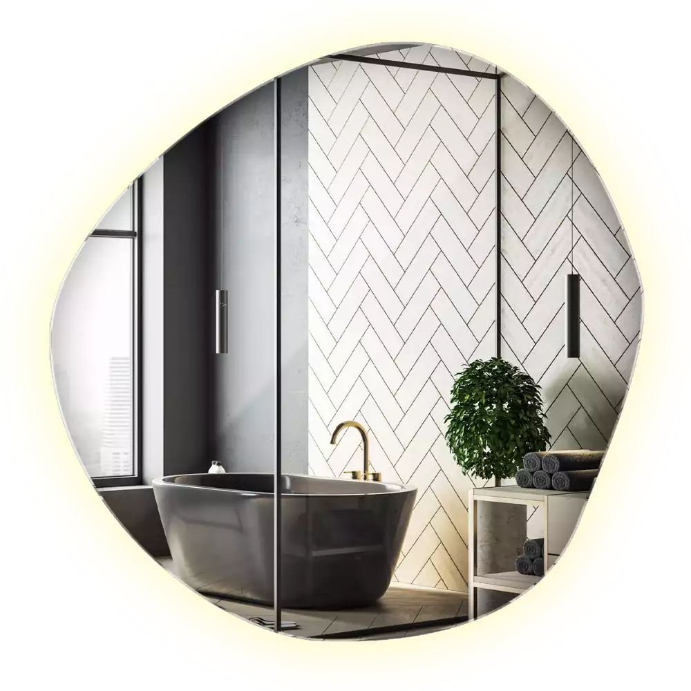 Asymmetrische spiegel met verlichting muur