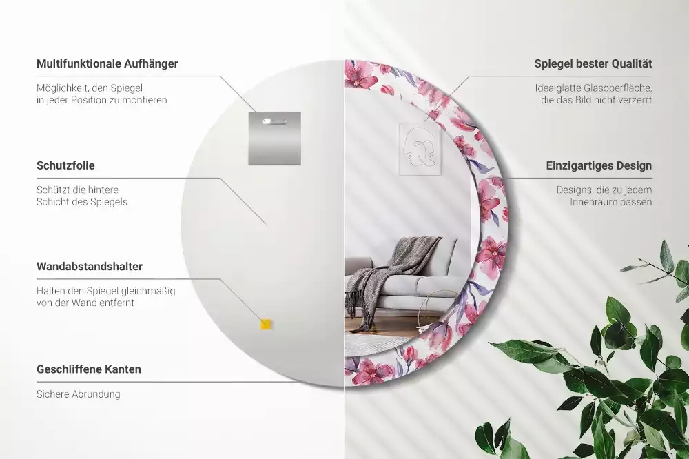 Ronde spiegel met bedrukte lijst Aquarelbloemen