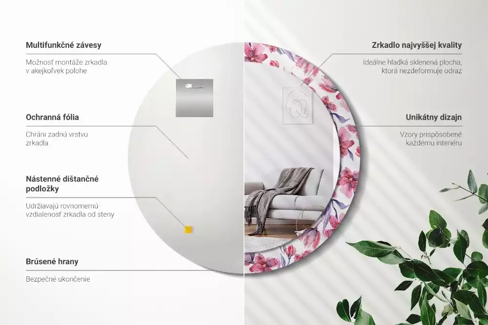 Ronde spiegel met bedrukte lijst Aquarelbloemen