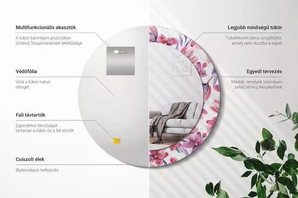 Ronde spiegel met bedrukte lijst Aquarelbloemen