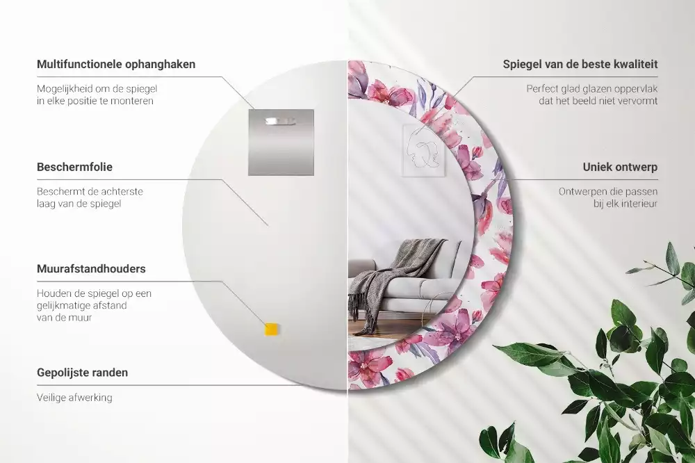 Ronde spiegel met bedrukte lijst Aquarelbloemen