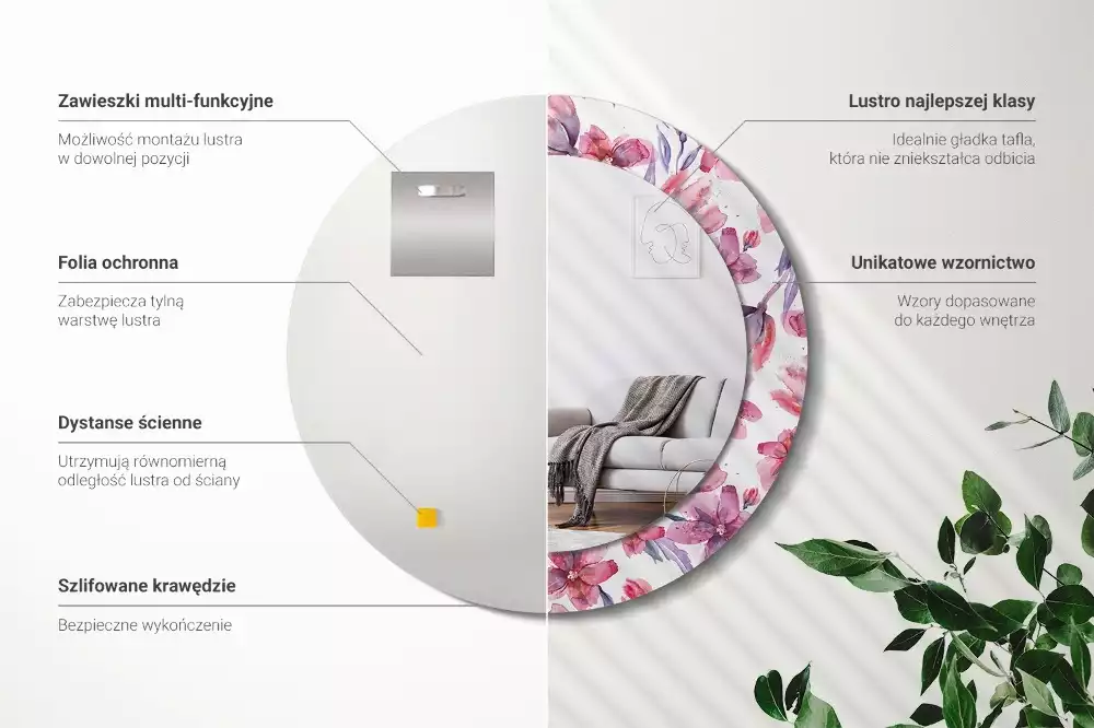 Ronde spiegel met bedrukte lijst Aquarelbloemen