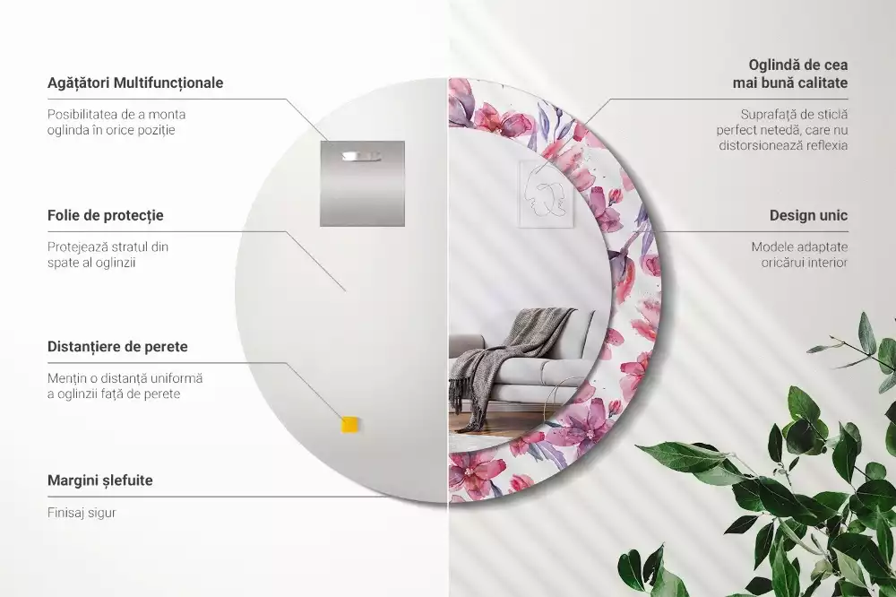 Ronde spiegel met bedrukte lijst Aquarelbloemen