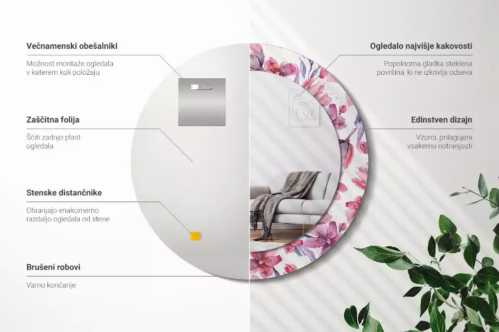 Ronde spiegel met bedrukte lijst Aquarelbloemen