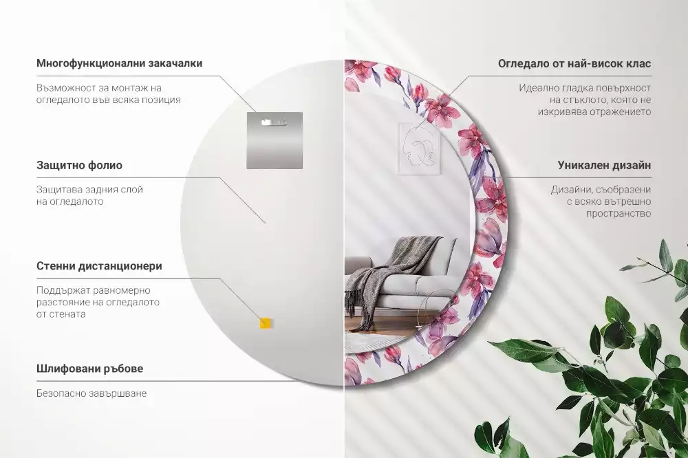 Ronde spiegel met bedrukte lijst Aquarelbloemen