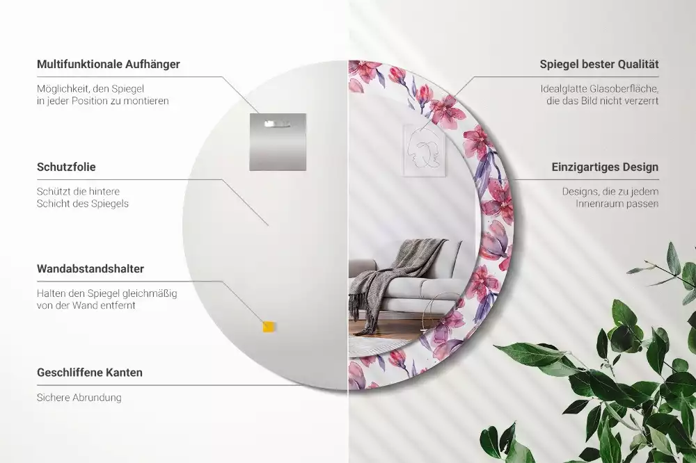 Ronde spiegel met bedrukte lijst Aquarelbloemen