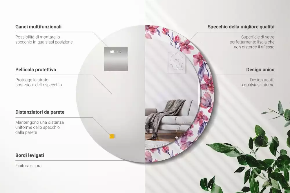 Ronde spiegel met bedrukte lijst Aquarelbloemen