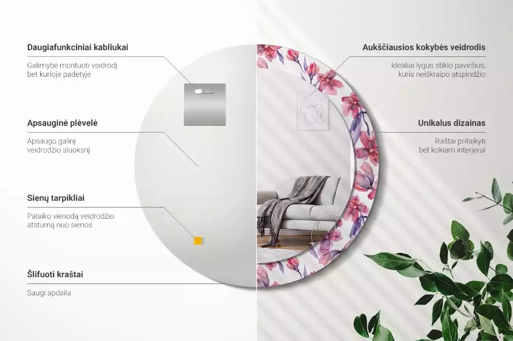 Ronde spiegel met bedrukte lijst Aquarelbloemen