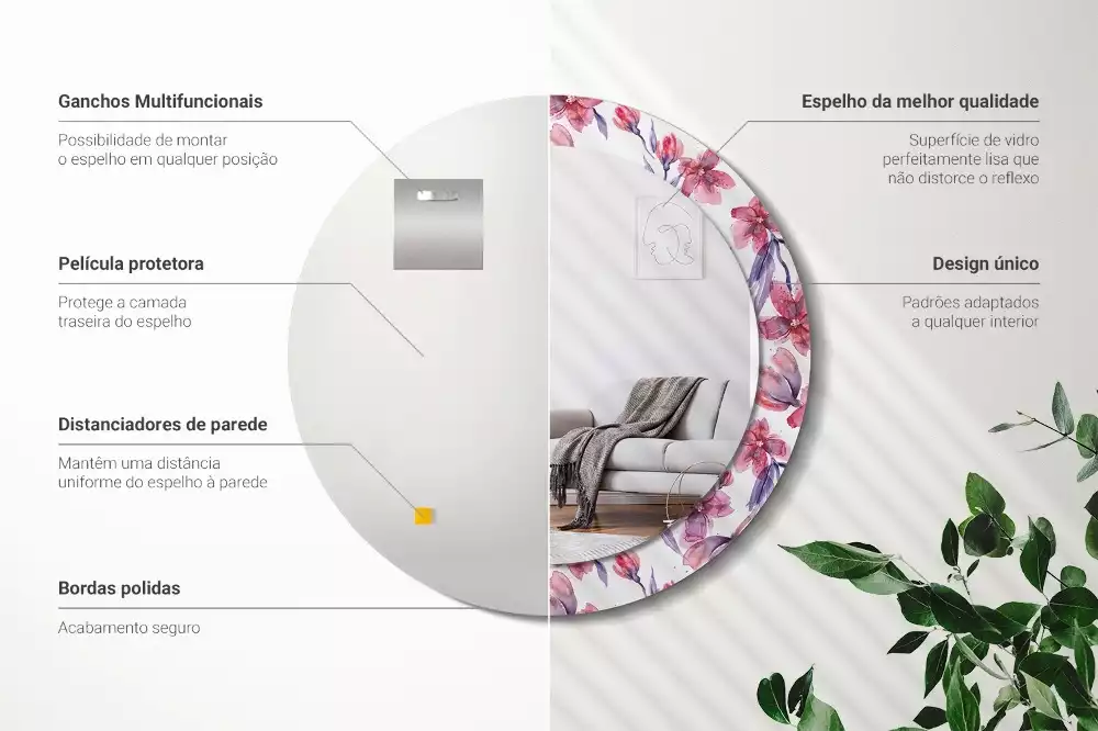 Ronde spiegel met bedrukte lijst Aquarelbloemen