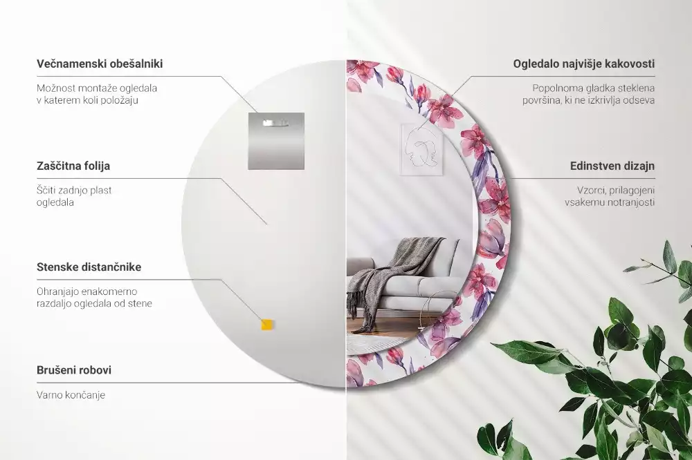 Ronde spiegel met bedrukte lijst Aquarelbloemen