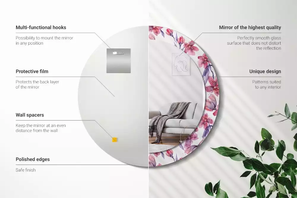 Ronde spiegel met bedrukte lijst Aquarelbloemen