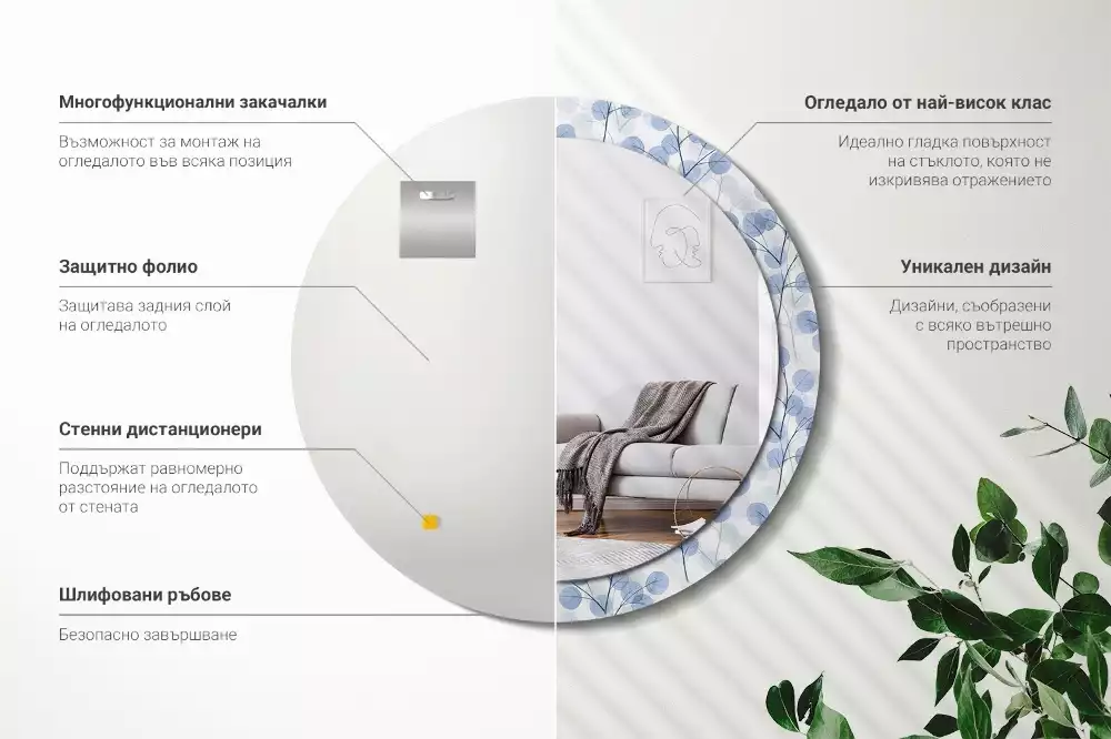 Ronde spiegel met bedrukte lijst Takken bladeren