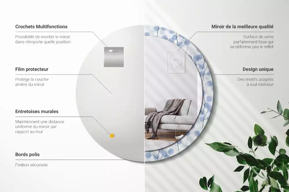 Ronde spiegel met bedrukte lijst Takken bladeren