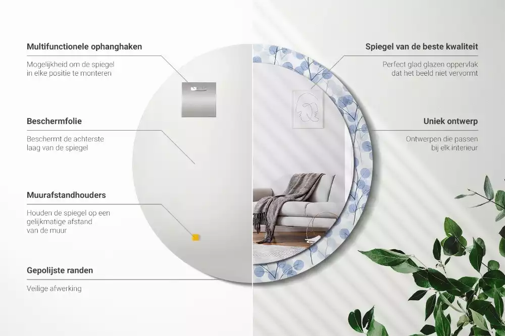 Ronde spiegel met bedrukte lijst Takken bladeren