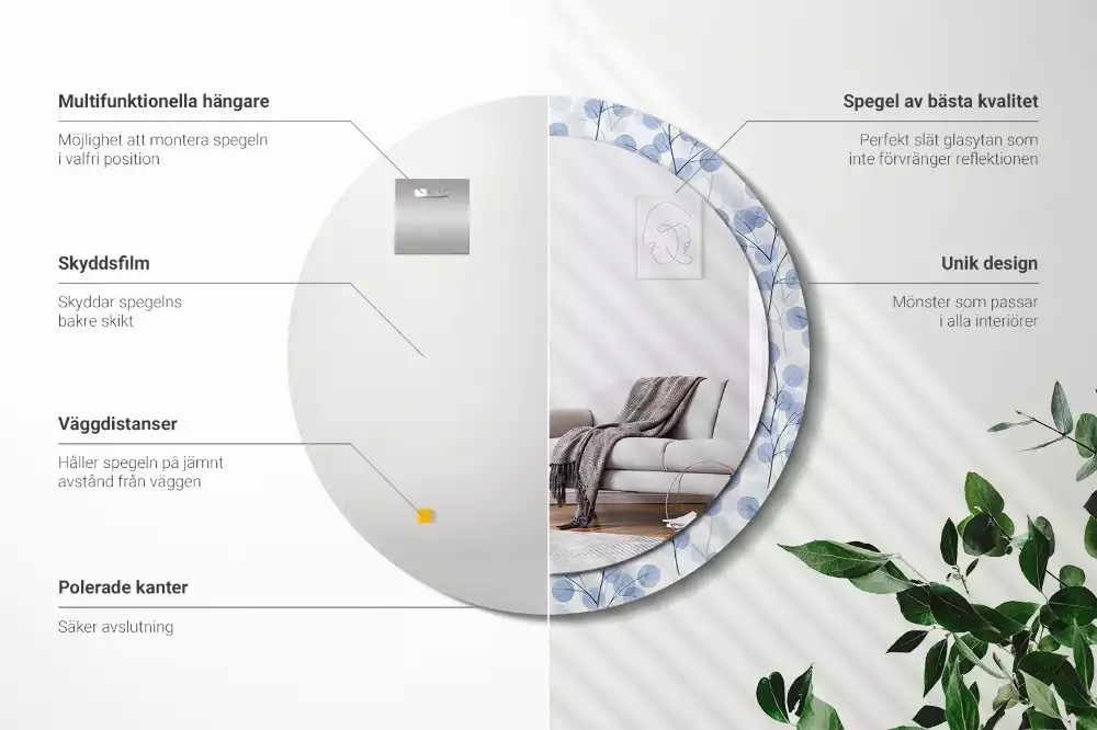 Ronde spiegel met bedrukte lijst Takken bladeren