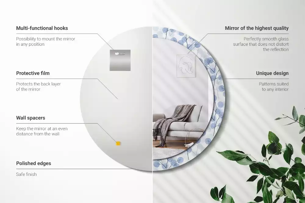 Ronde spiegel met bedrukte lijst Takken bladeren