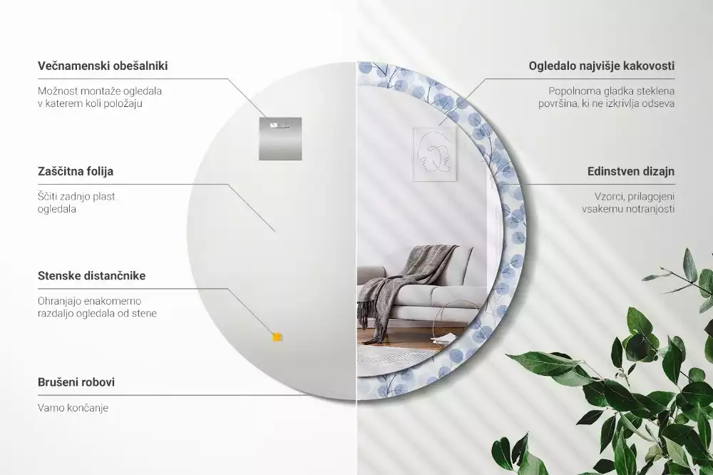 Ronde spiegel met bedrukte lijst Takken bladeren