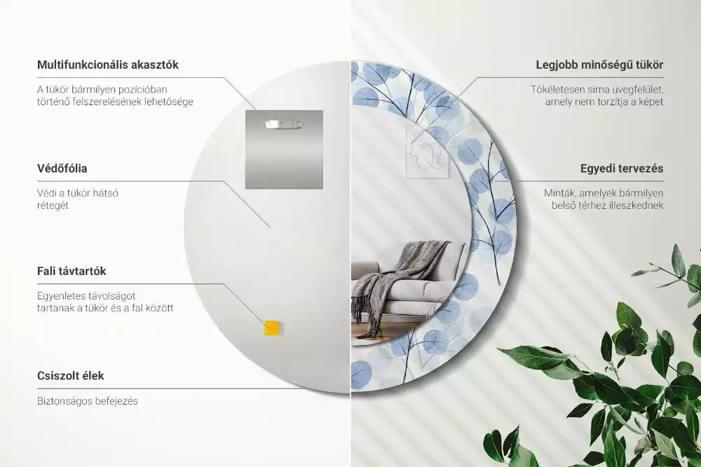 Ronde spiegel met bedrukte lijst Takken bladeren