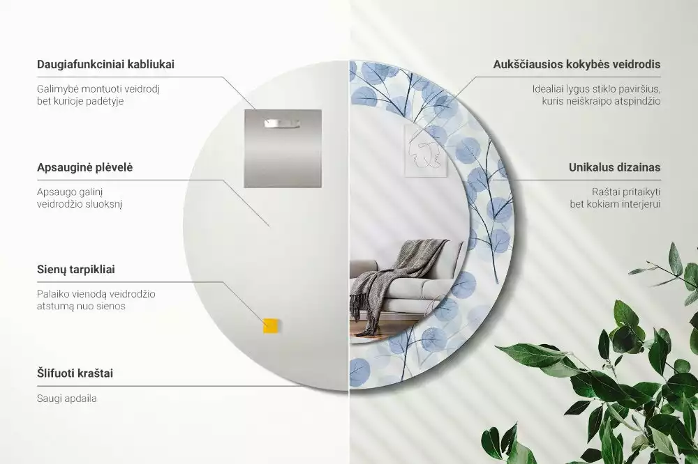 Ronde spiegel met bedrukte lijst Takken bladeren