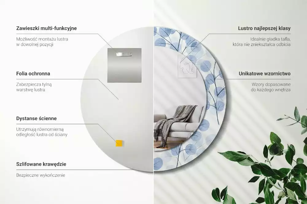 Ronde spiegel met bedrukte lijst Takken bladeren