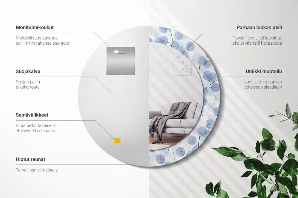 Ronde spiegel met bedrukte lijst Takken bladeren