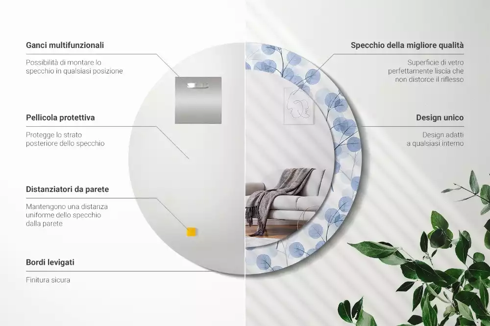 Ronde spiegel met bedrukte lijst Takken bladeren