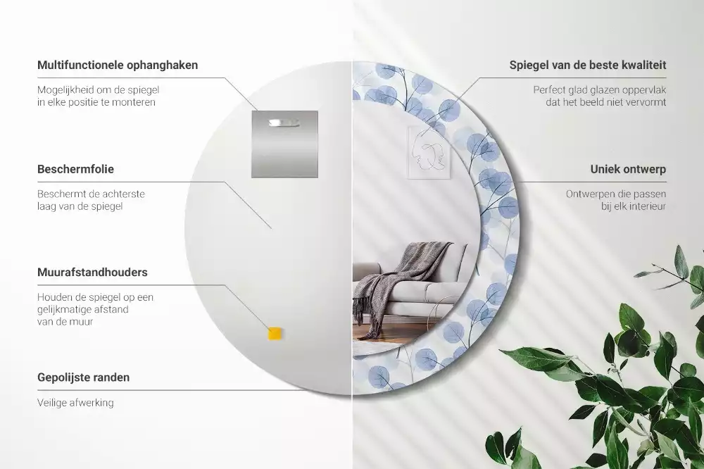 Ronde spiegel met bedrukte lijst Takken bladeren