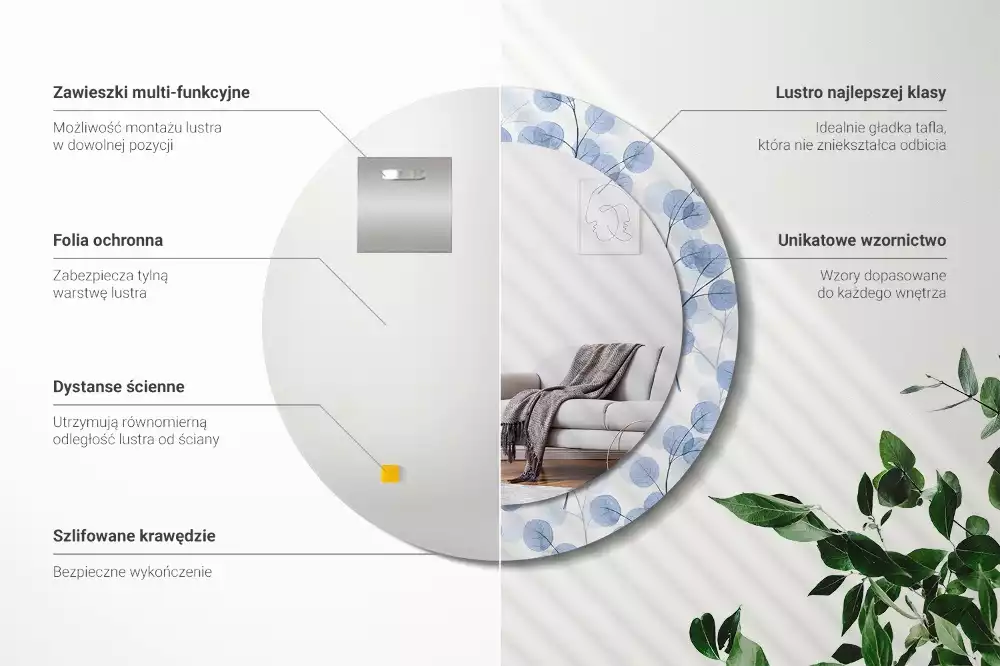 Ronde spiegel met bedrukte lijst Takken bladeren