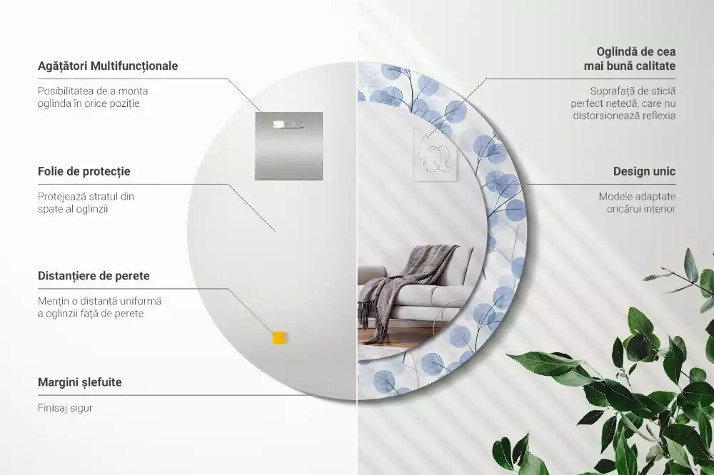 Ronde spiegel met bedrukte lijst Takken bladeren