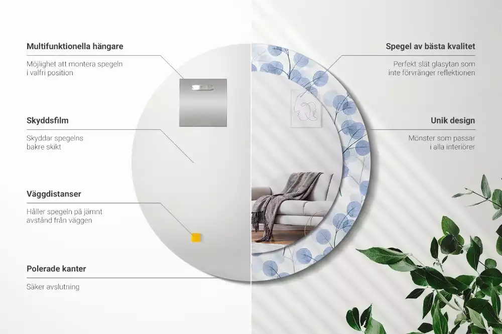 Ronde spiegel met bedrukte lijst Takken bladeren