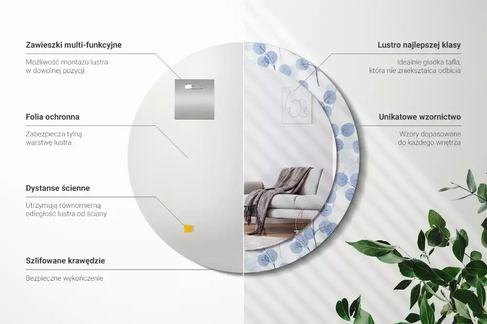 Ronde spiegel met bedrukte lijst Takken bladeren