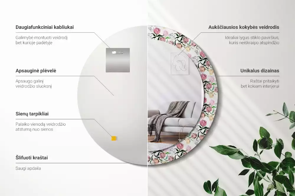 Bedrukte ronde spiegel Pioenroosknoppen