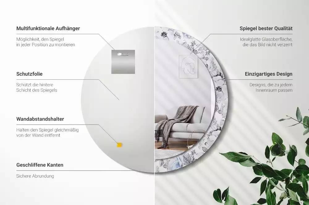 Ronde spiegel met bedrukte lijst Blauwe rozen