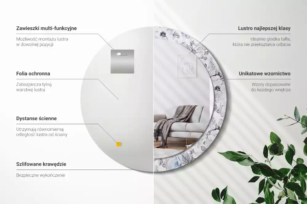 Ronde spiegel met bedrukte lijst Blauwe rozen