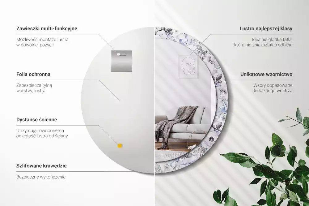 Ronde spiegel met bedrukte lijst Blauwe rozen