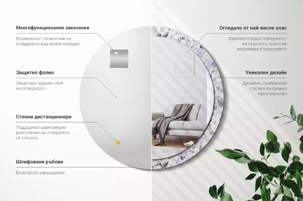 Ronde spiegel met bedrukte lijst Blauwe rozen