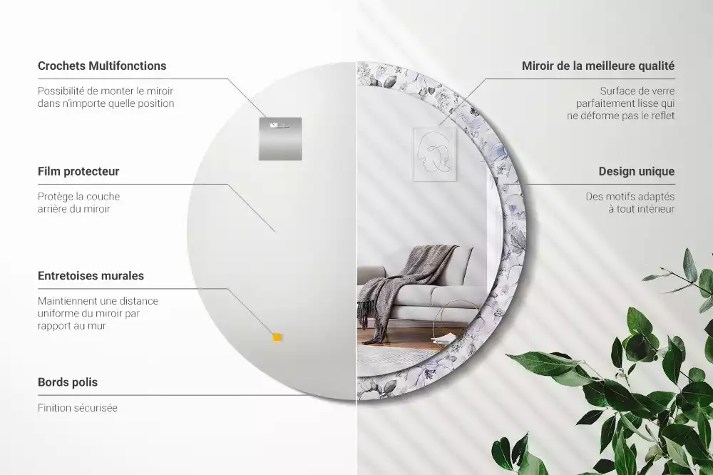 Ronde spiegel met bedrukte lijst Blauwe rozen