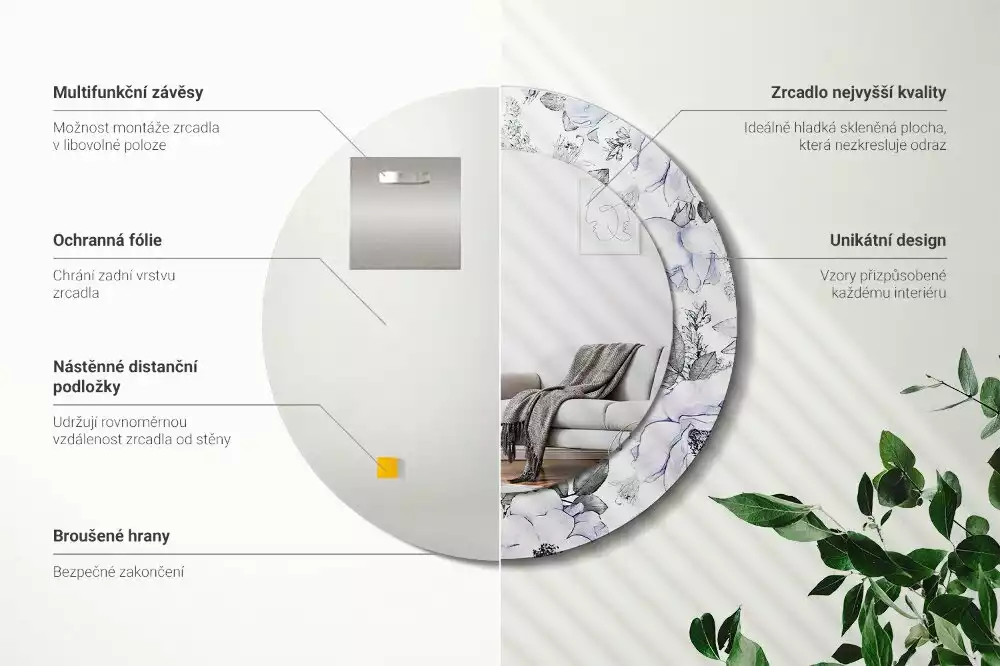 Ronde spiegel met bedrukte lijst Blauwe rozen