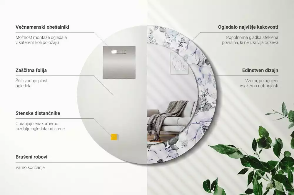 Ronde spiegel met bedrukte lijst Blauwe rozen