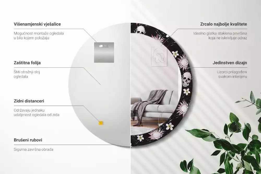 Ronde spiegel met decoratie Schedelbloemen