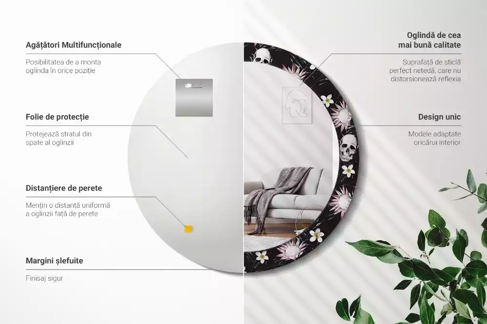 Ronde spiegel met decoratie Schedelbloemen