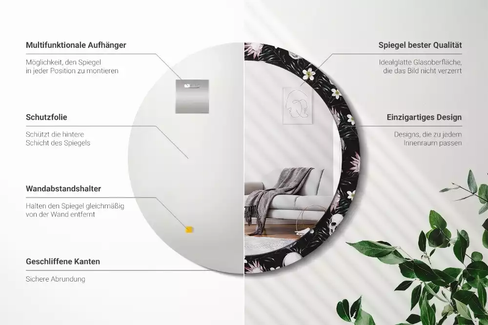 Ronde spiegel met decoratie Schedelbloemen