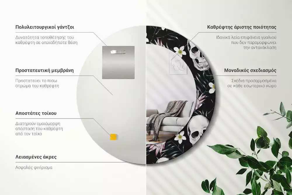 Ronde spiegel met decoratie Schedelbloemen