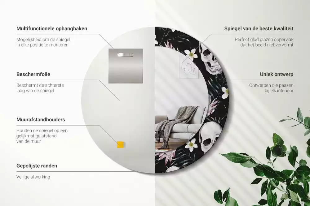 Ronde spiegel met decoratie Schedelbloemen