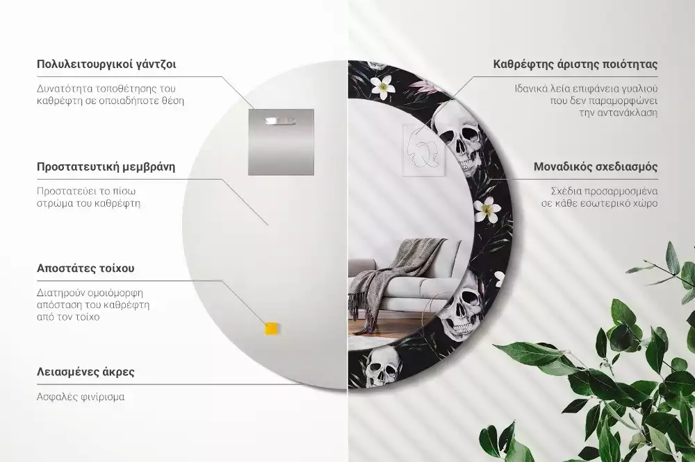Ronde spiegel met decoratie Schedelbloemen