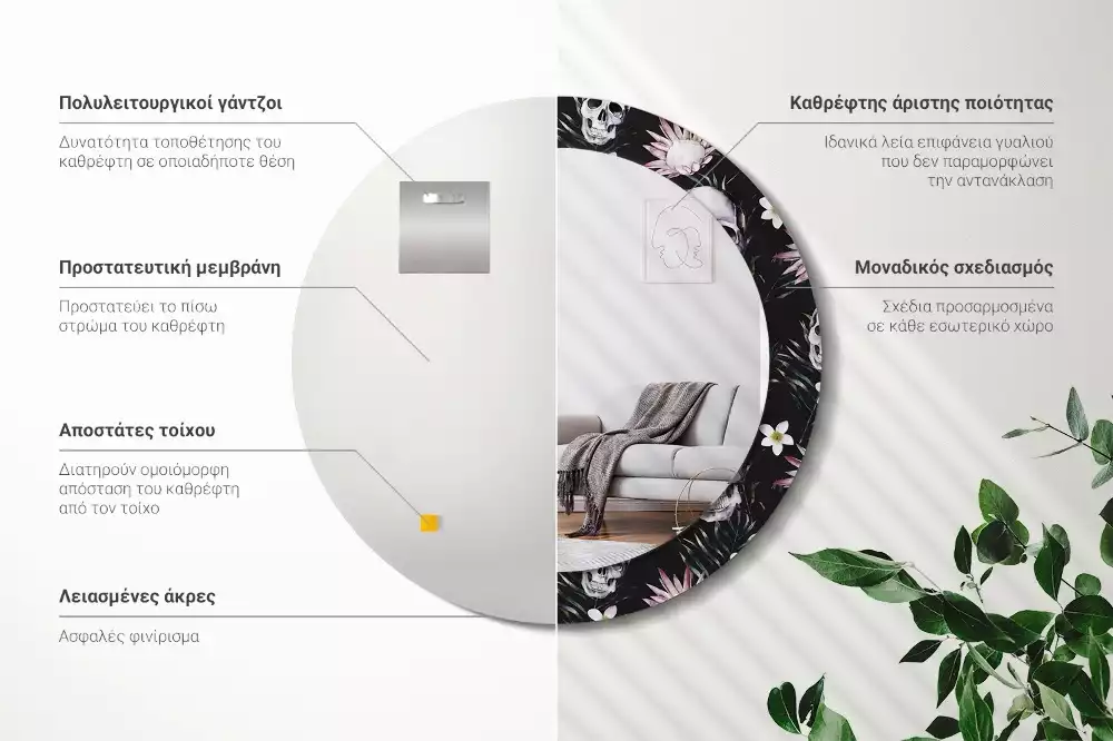 Ronde spiegel met decoratie Schedelbloemen