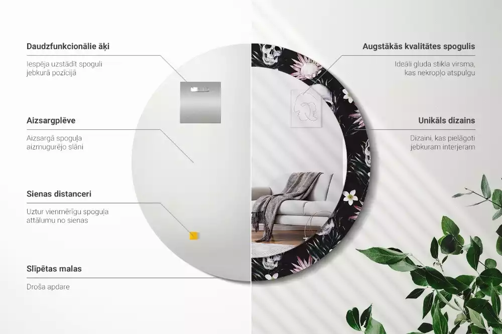 Ronde spiegel met decoratie Schedelbloemen
