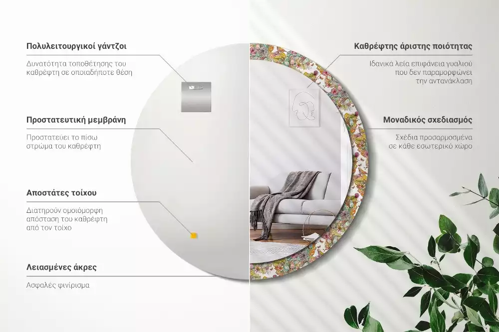 Ronde spiegel met bedrukte lijst Sprookjesachtige bloemen